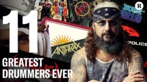 Mike Portnoy with classic rock and metal album covers.