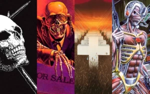 Classic heavy metal album art collage.