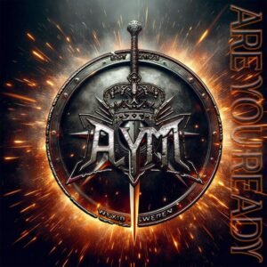 AYM metal band logo with sword and shield.