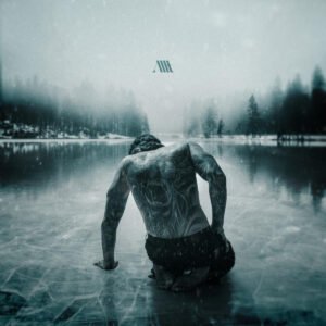 ALT album cover showing tattooed man on frozen lake