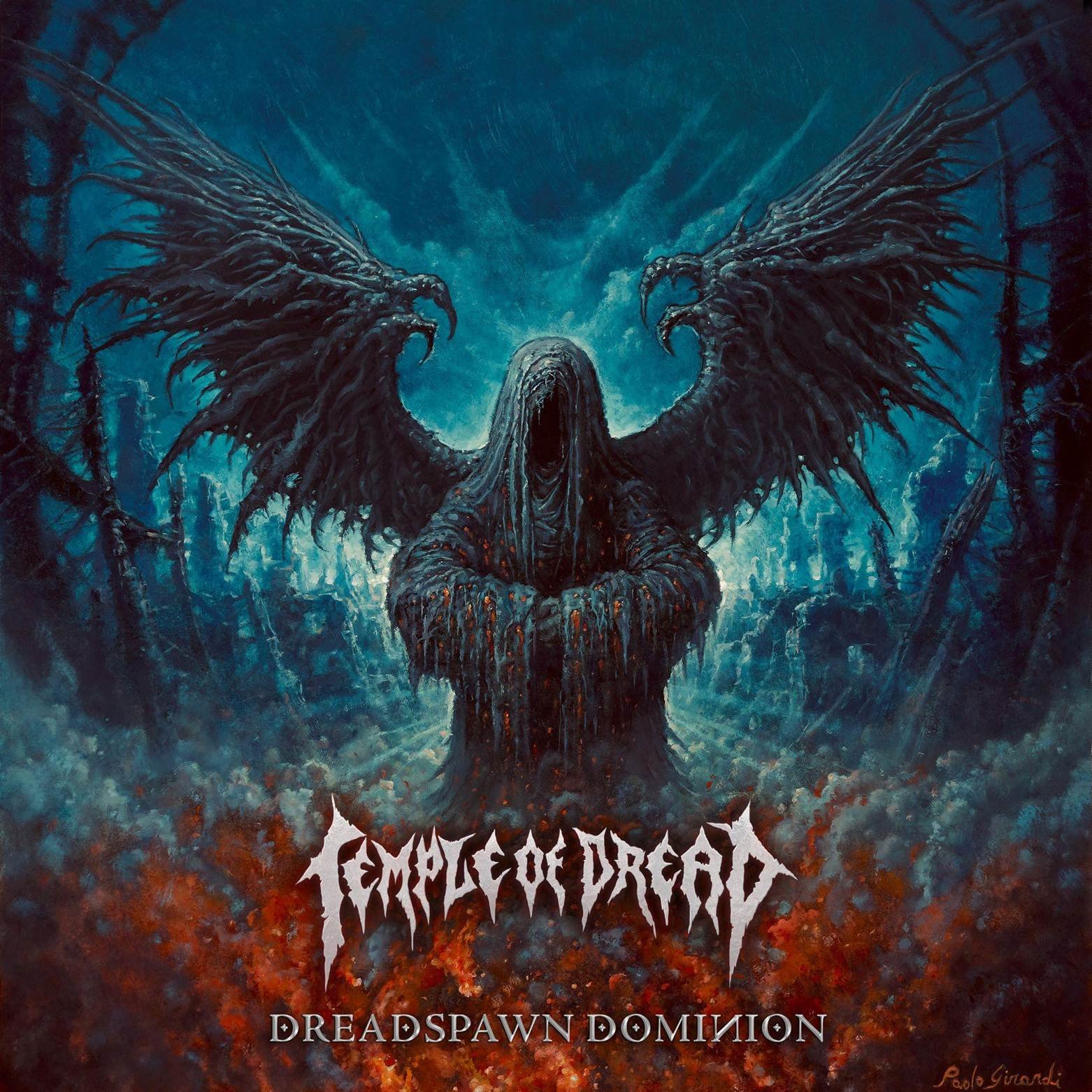 Hooded figure with dark wings