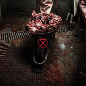 Wheelbarrow with animal heads in slaughterhouse